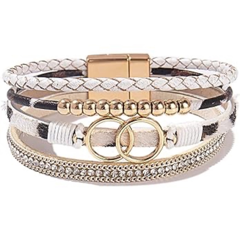 Boho Wrap Bracelets Leather Cuff Bangle Gold Beaded Bracelet White Leopard